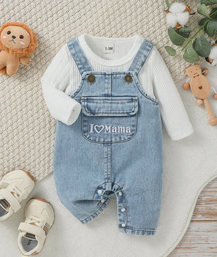 Schattige Baby Kleding Set: Longsleeve Top & Denim Tuinbroek met 'I Love Mama' Print