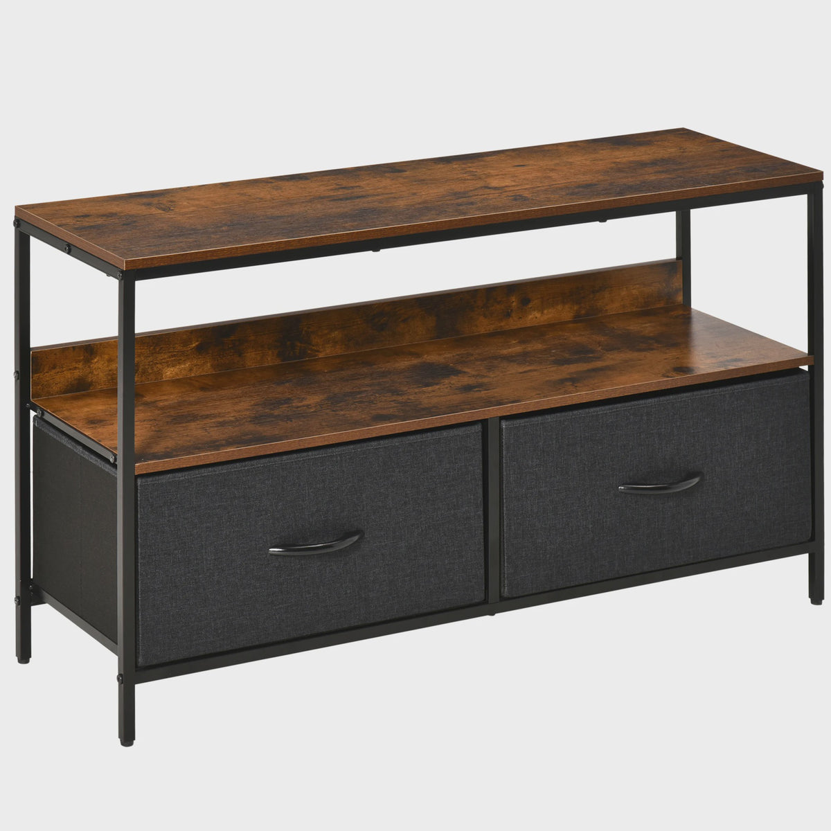 HOMCOM Furniture TV low on legs industrial Style 2 drawers in gray MDF fabric rustic brown and black metal
