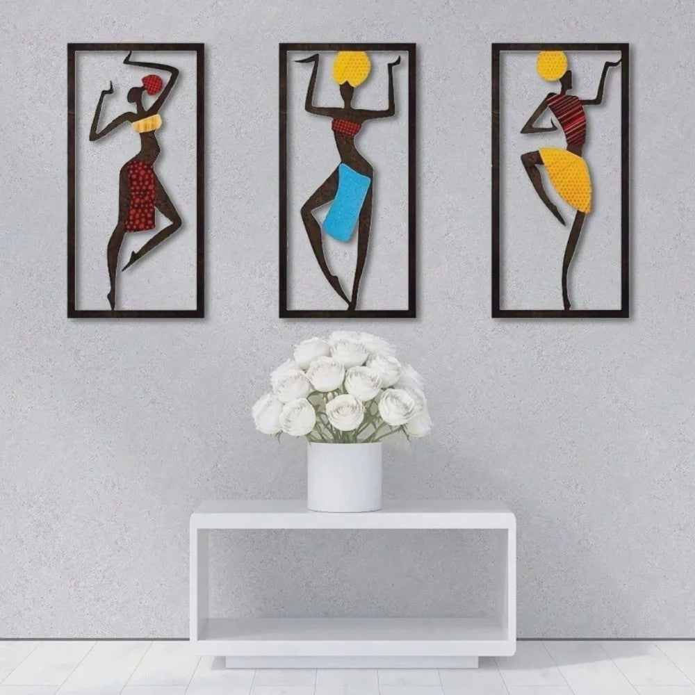 Set van 3 Wanddecoratie Afrikaanse Danseressen - Boho Fiber Art