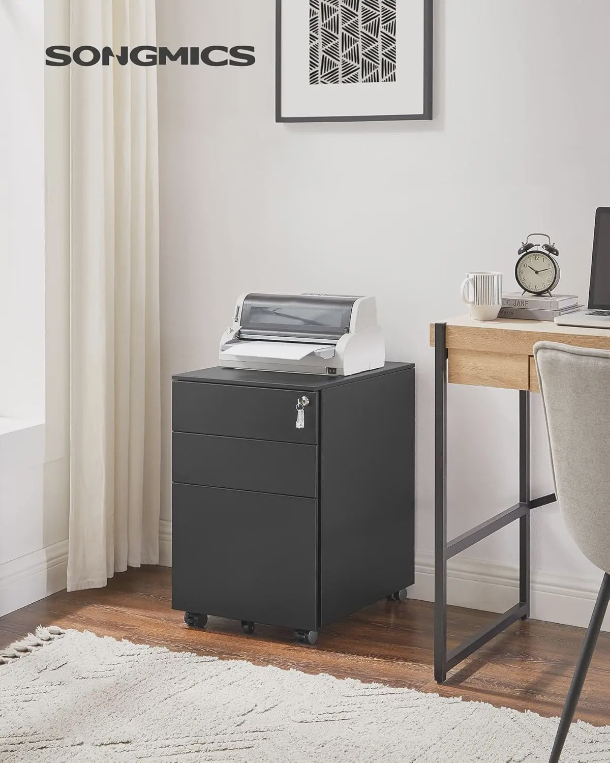 SONGMICS Mobiele Archiefkast met 3 Lades en Slot - Voor Kantoor en Thuis