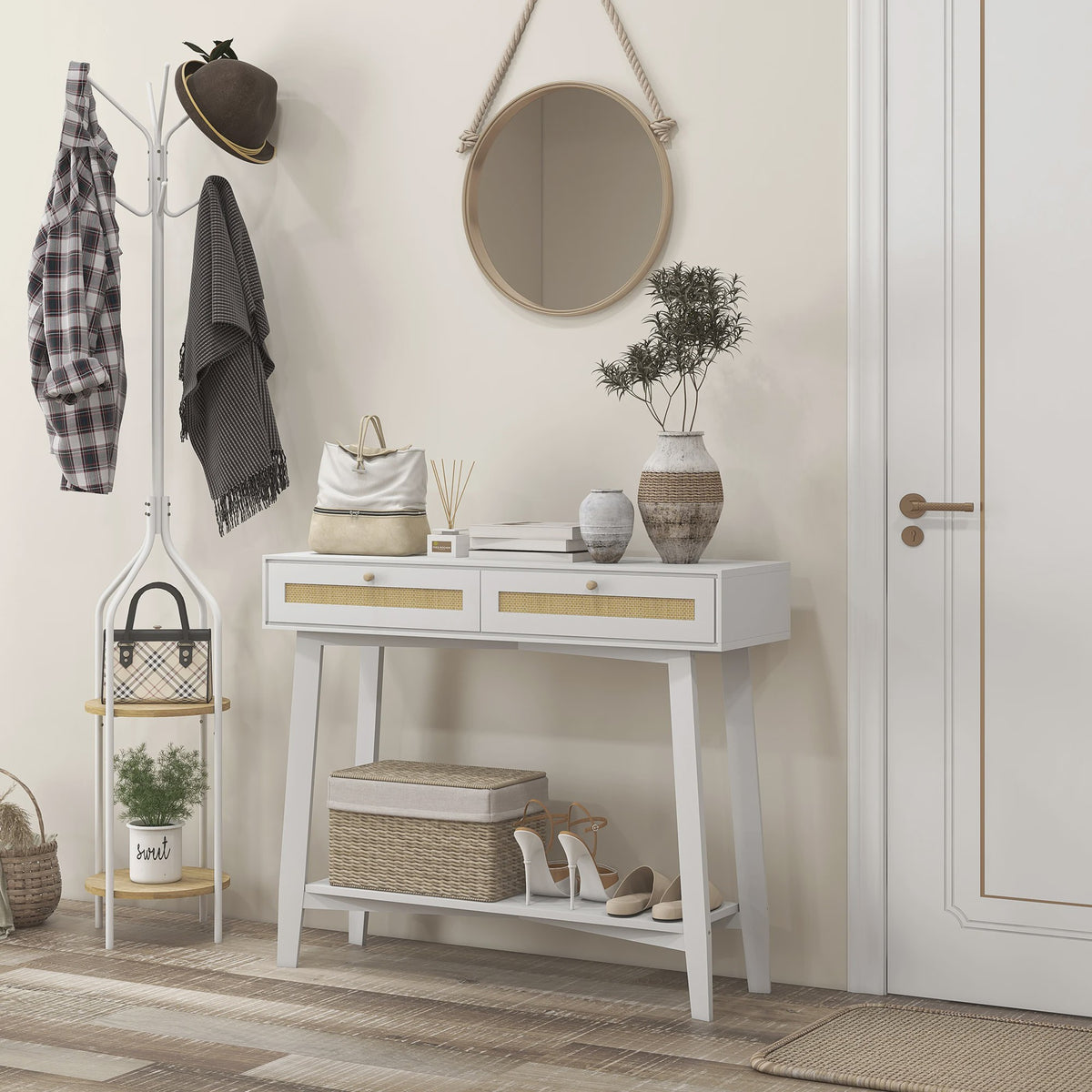 Witte Console Tafel met 2 Lades en Open Plank - 100x30x81cm
