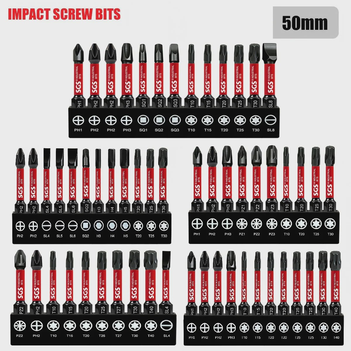 50mm Magnetische Schroefbit Set (10-delig) - S2 Staal - 1/4" Hex Shank