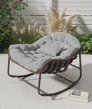 Oversized Rotan Wipstoel met Dik Kussen - Moderne Wicker Lounge Stoel voor Binnen & Buiten