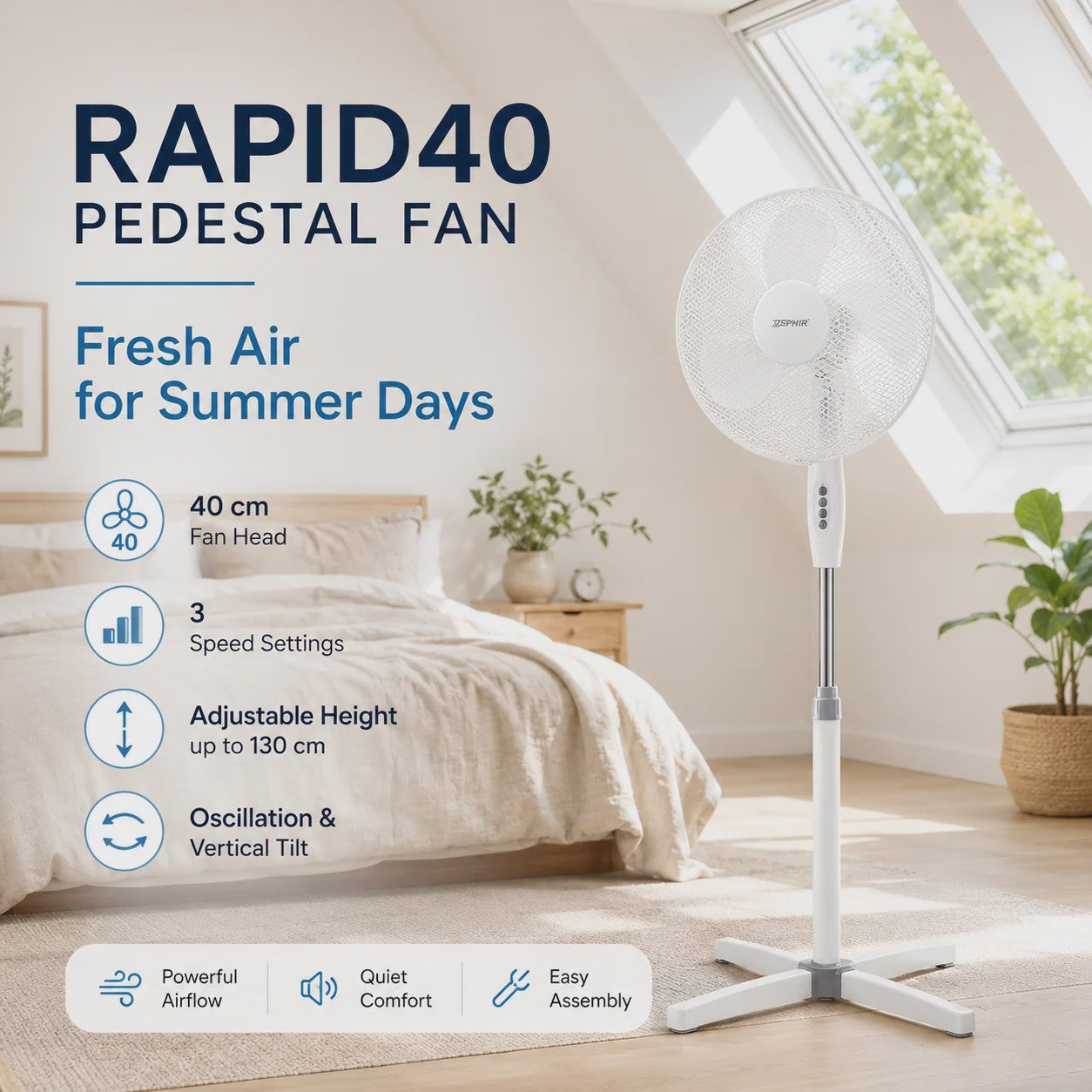 Zephir 40cm Staande Ventilator - 45W, 3 Snelheden, Verstelbare Hoogte tot 130cm, Oscillerend