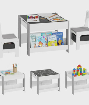 HOMCOM Kinder Tafel en Stoelen Set: 3 Delig met Opbergruimte en Omkeerbaar Zwart Blad