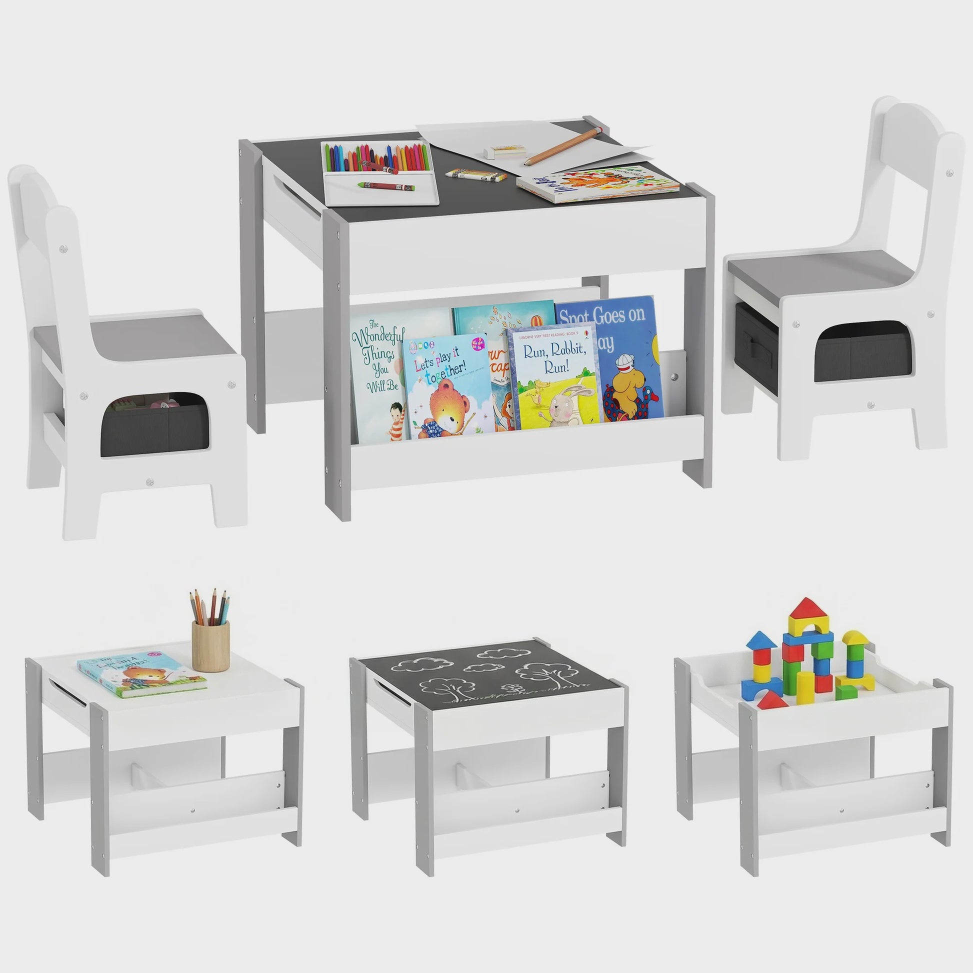 HOMCOM Kinder Tafel en Stoelen Set: 3 Delig met Opbergruimte en Omkeerbaar Zwart Blad
