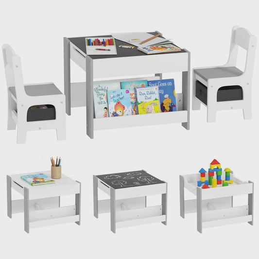 HOMCOM Kinder Tafel en Stoelen Set: 3 Delig met Opbergruimte en Omkeerbaar Zwart Blad