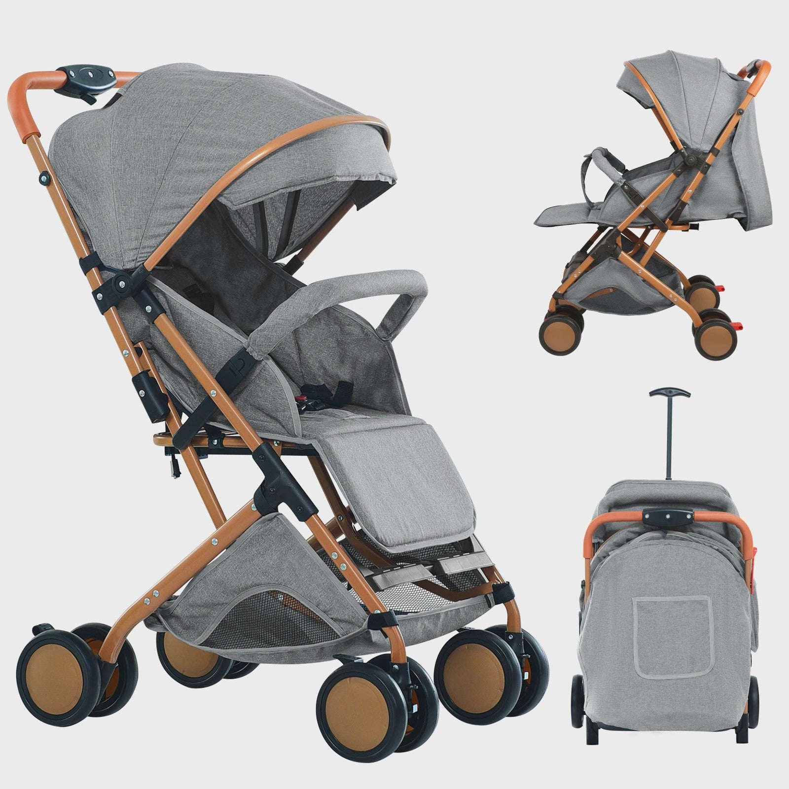 Draagbare Baby Kinderwagen met Muggennet, Opbergmand & 4 Wielen