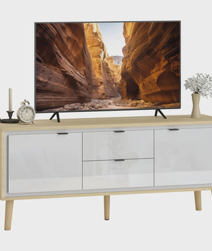 HOMCOM TV Meubel 120cm - Modern Wit & Eiken met Hoogglans Deuren en Laden