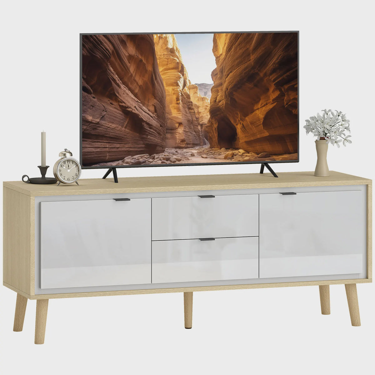 HOMCOM TV Meubel 120cm - Modern Wit & Eiken met Hoogglans Deuren en Laden
