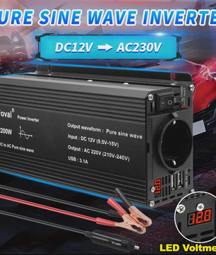 Pure Sine Wave Omvormer 12V DC naar 230V AC - 1500W tot 3000W met EU Stopcontact & USB