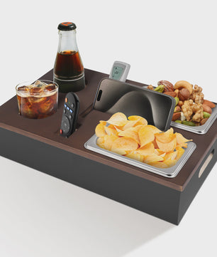 Bamboo Couch Tray, Couch Bar Snack Box Wine Glass Holder,Couch Butler with Stainless Steel Snack Trays,Tv Tray Table