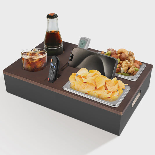 Bamboo Couch Tray, Couch Bar Snack Box Wine Glass Holder,Couch Butler with Stainless Steel Snack Trays,Tv Tray Table