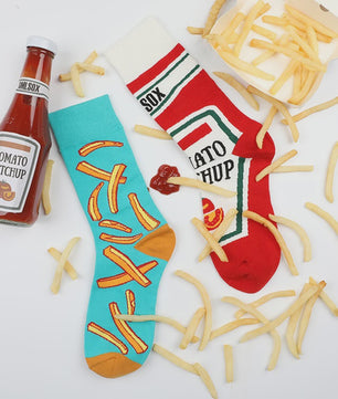 Grappige Sokken met Frietjes & Ketchup Print - Unisex Mid-Calf Sokken