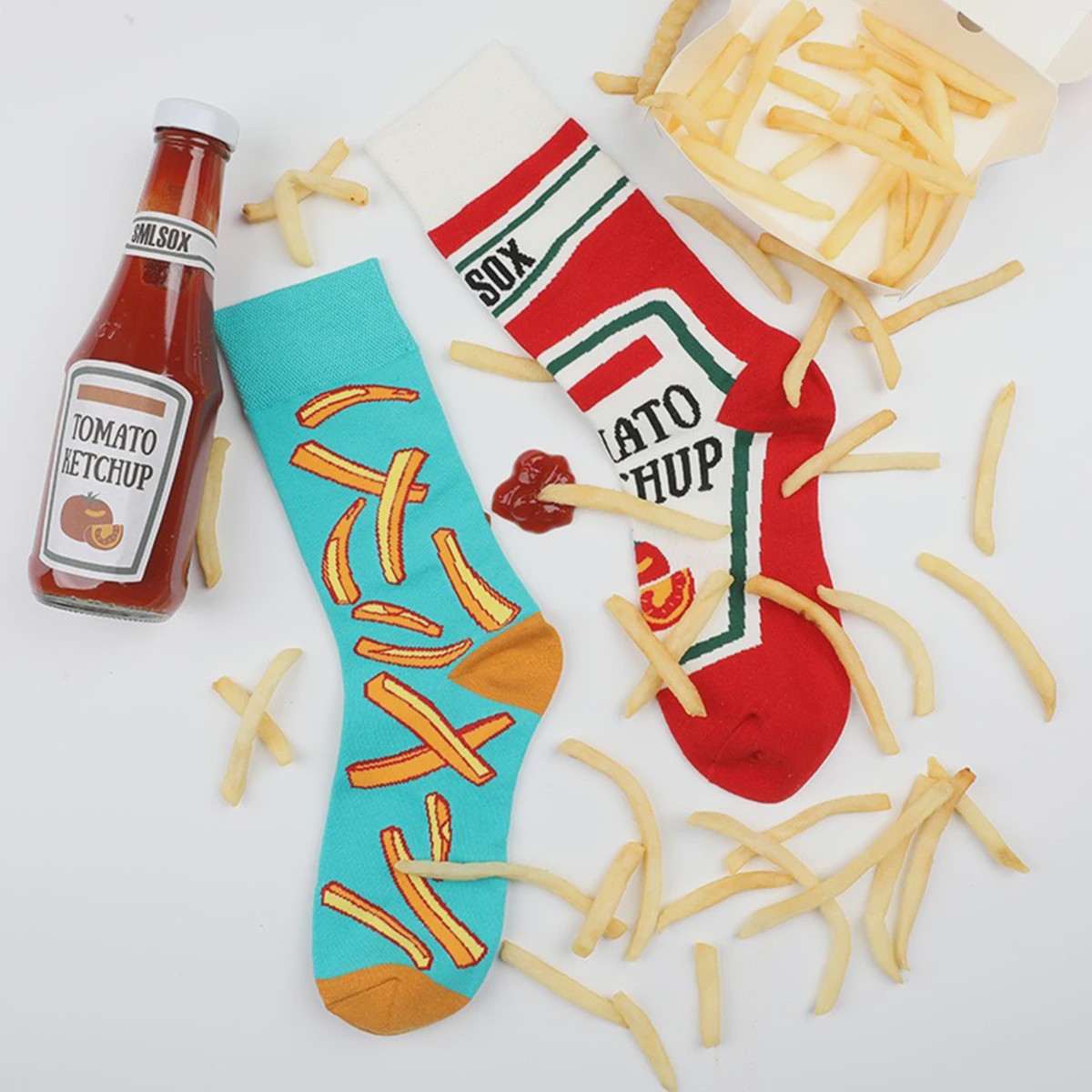 Grappige Sokken met Frietjes & Ketchup Print - Unisex Mid-Calf Sokken