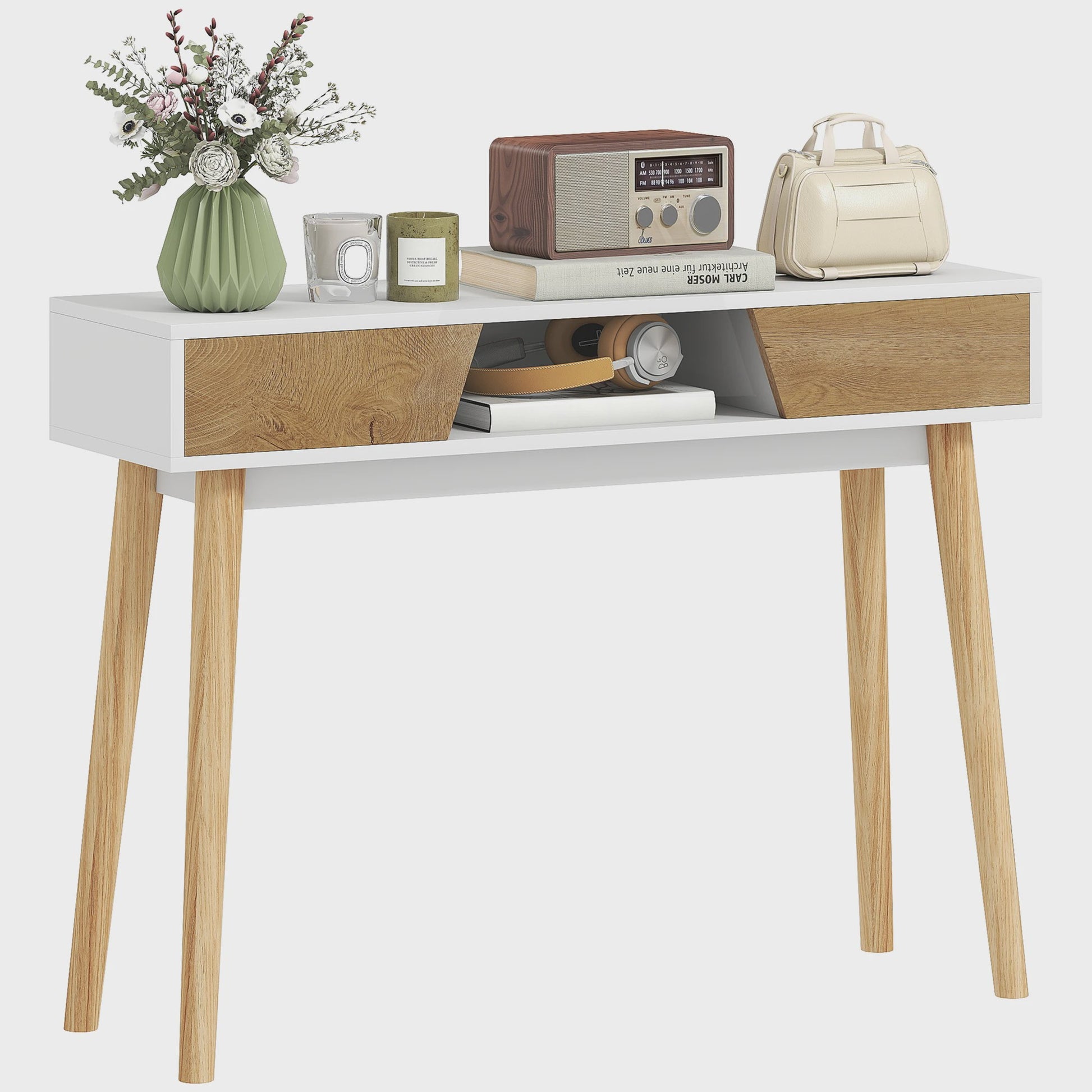Stijlvolle Hal Console Tafel met 2 Lades en Houten Poten - Wit
