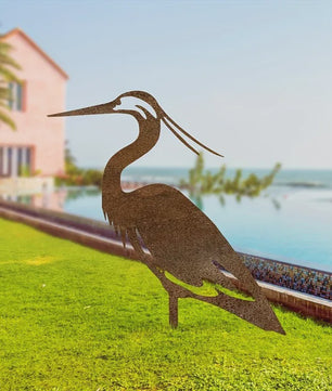 Roestkleurige Metalen Reiger Tuinbeeld - Stijlvolle Vogel Sculptuur voor Buiten