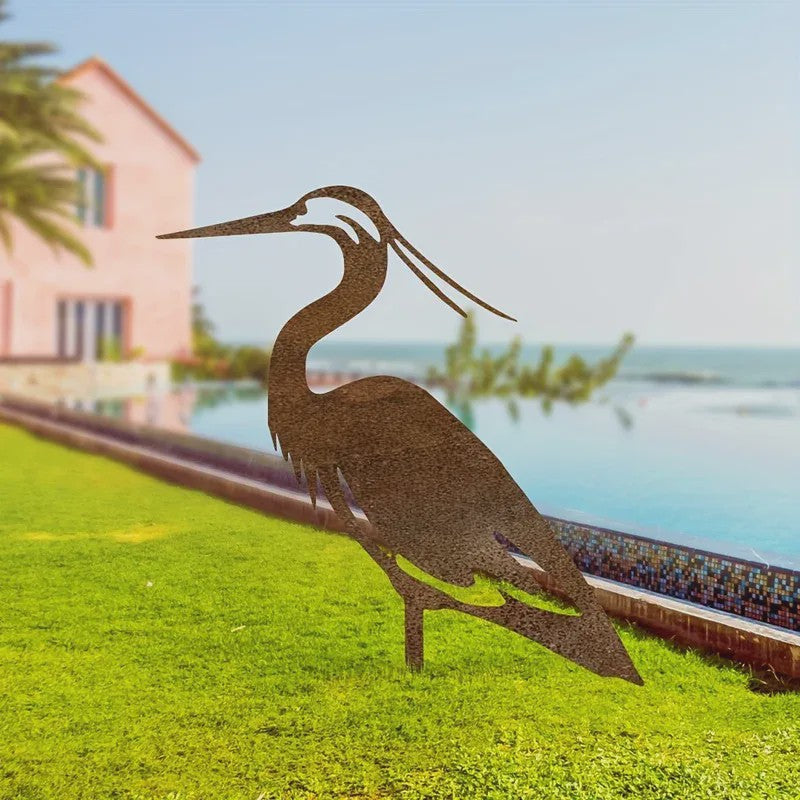 Roestkleurige Metalen Reiger Tuinbeeld - Stijlvolle Vogel Sculptuur voor Buiten