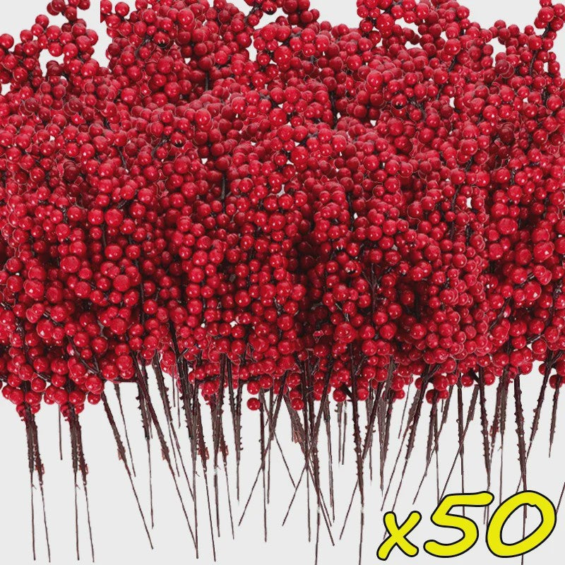 50 Kerst Takken met Kunstmatige Rode Bessen - Feestelijke Decoratie voor Kerstboom & Huis