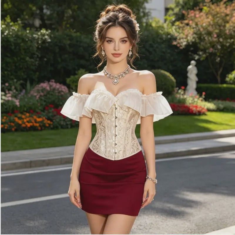 Beige Jacquard Off-Shoulder Corset Top met Ruches en Vetersluiting - Feestelijk & Chic