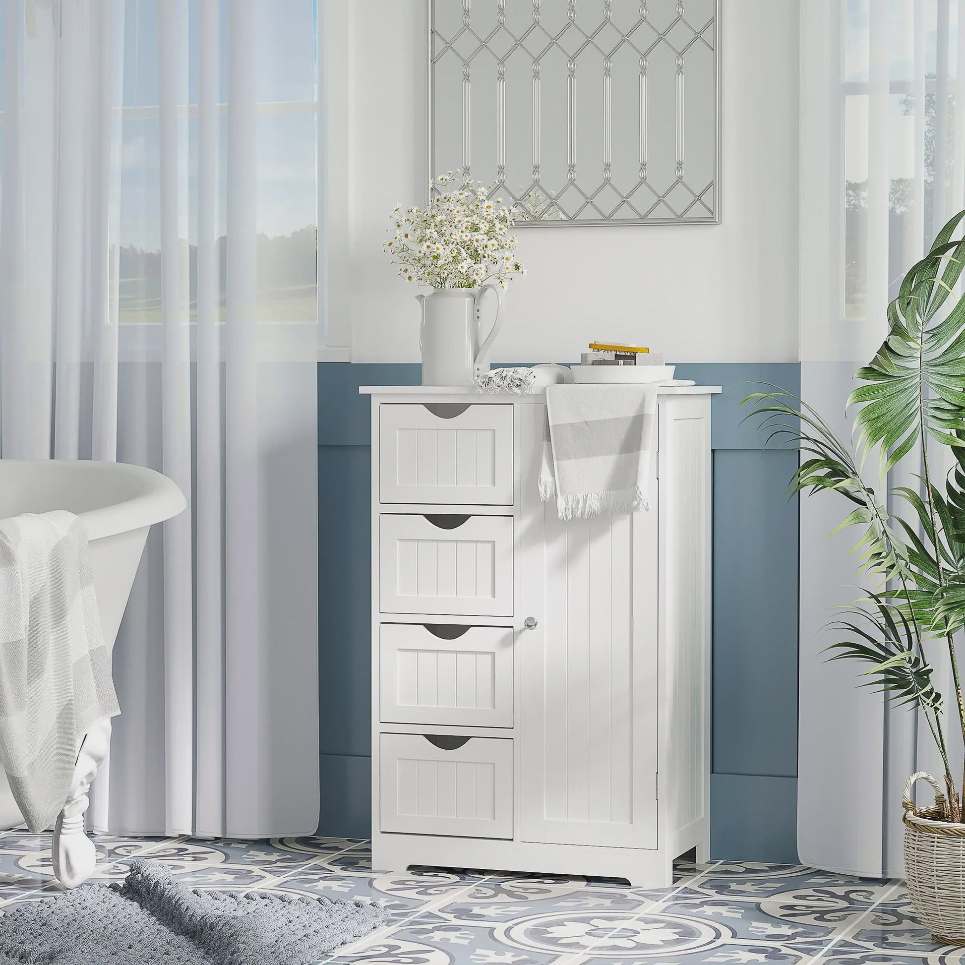 Witte Badkamerkast 56x30x83cm met 4 Lades, Plank en Anti-Tip Mechanisme