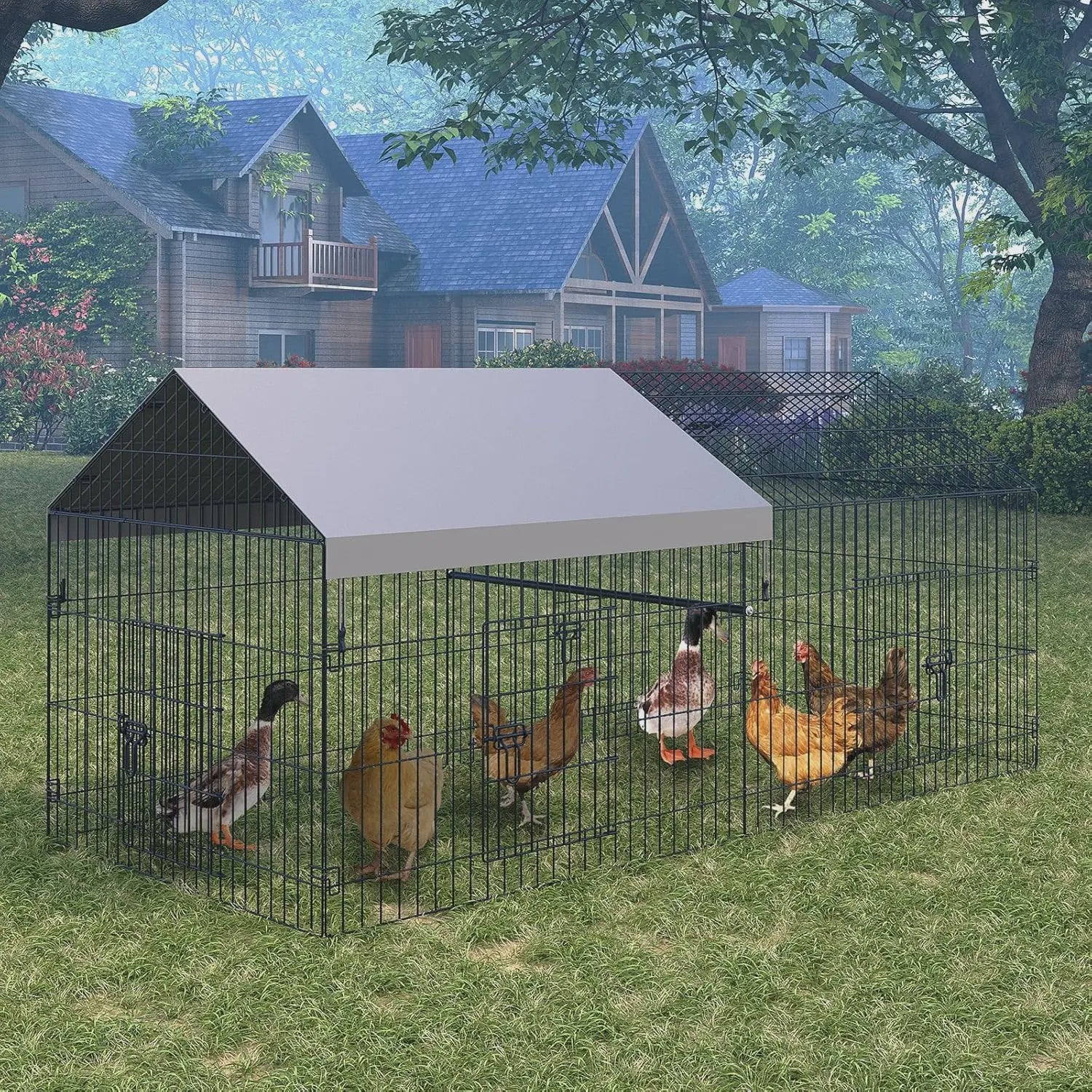Ruime Metalen Kippenren met Dak - Draagbare Vogelkooi voor Kippen, Konijnen en Eenden