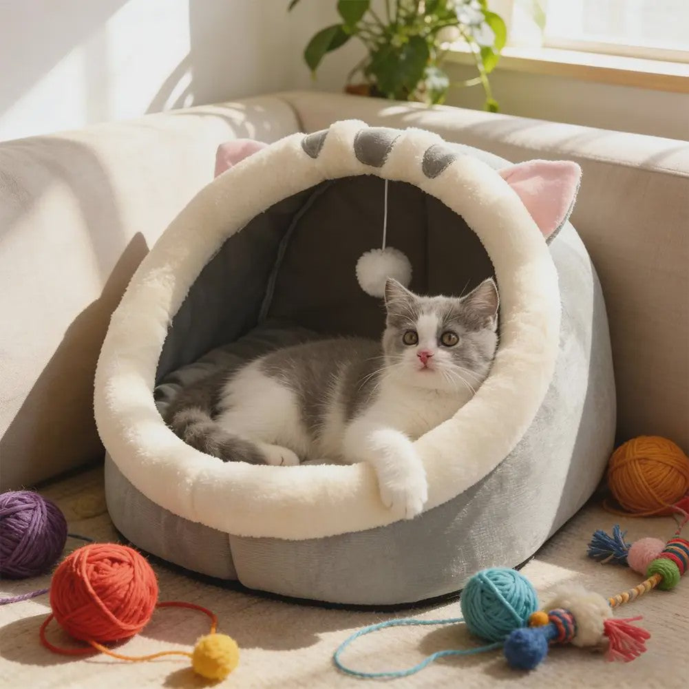 Schattig Cartoon Katten- en Hondenhok - Opvouwbaar, Wasbaar & Comfortabel Slaapbed