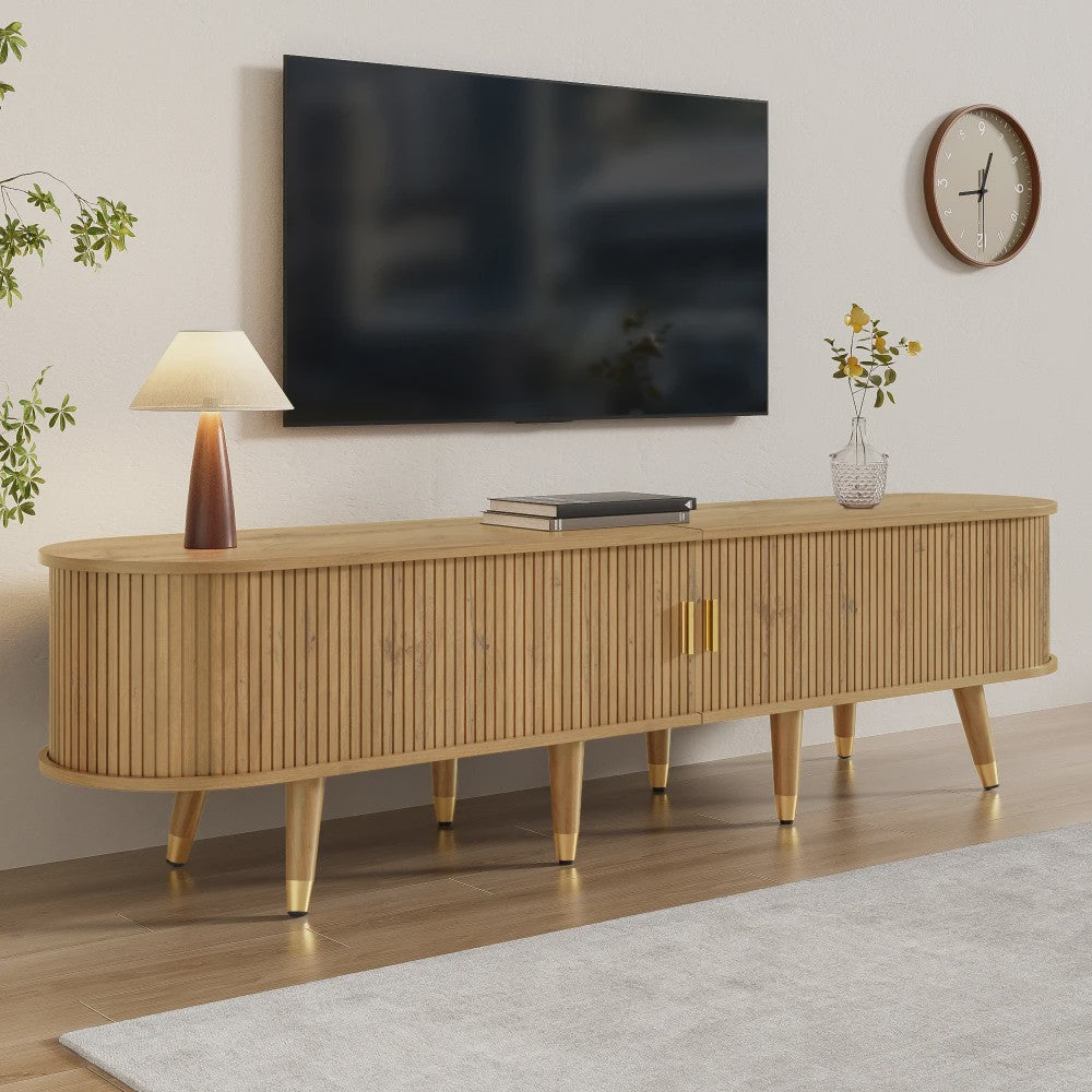 Modern TV Meubel met Rotan Deur en Veel Opbergruimte - Landelijke Stijl