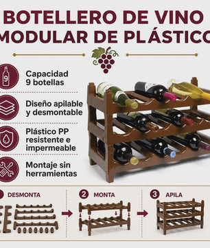 Modulair Wijnrek voor 9 Flessen - Stapelbaar PP Plastic met Houtlook