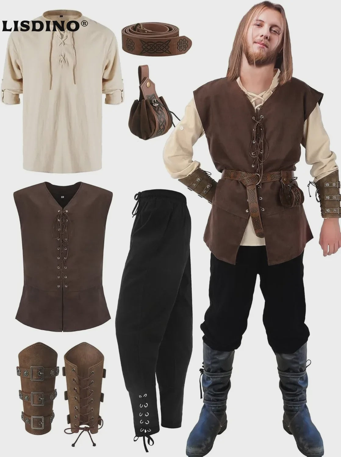 Herfst/Winter Herenkostuum: Middeleeuws Renaissance Viking Set (6-delig)