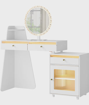 Moderne Kaptafel met LED Spiegel, 3 Lades en Verplaatsbaar Kastje - Wit