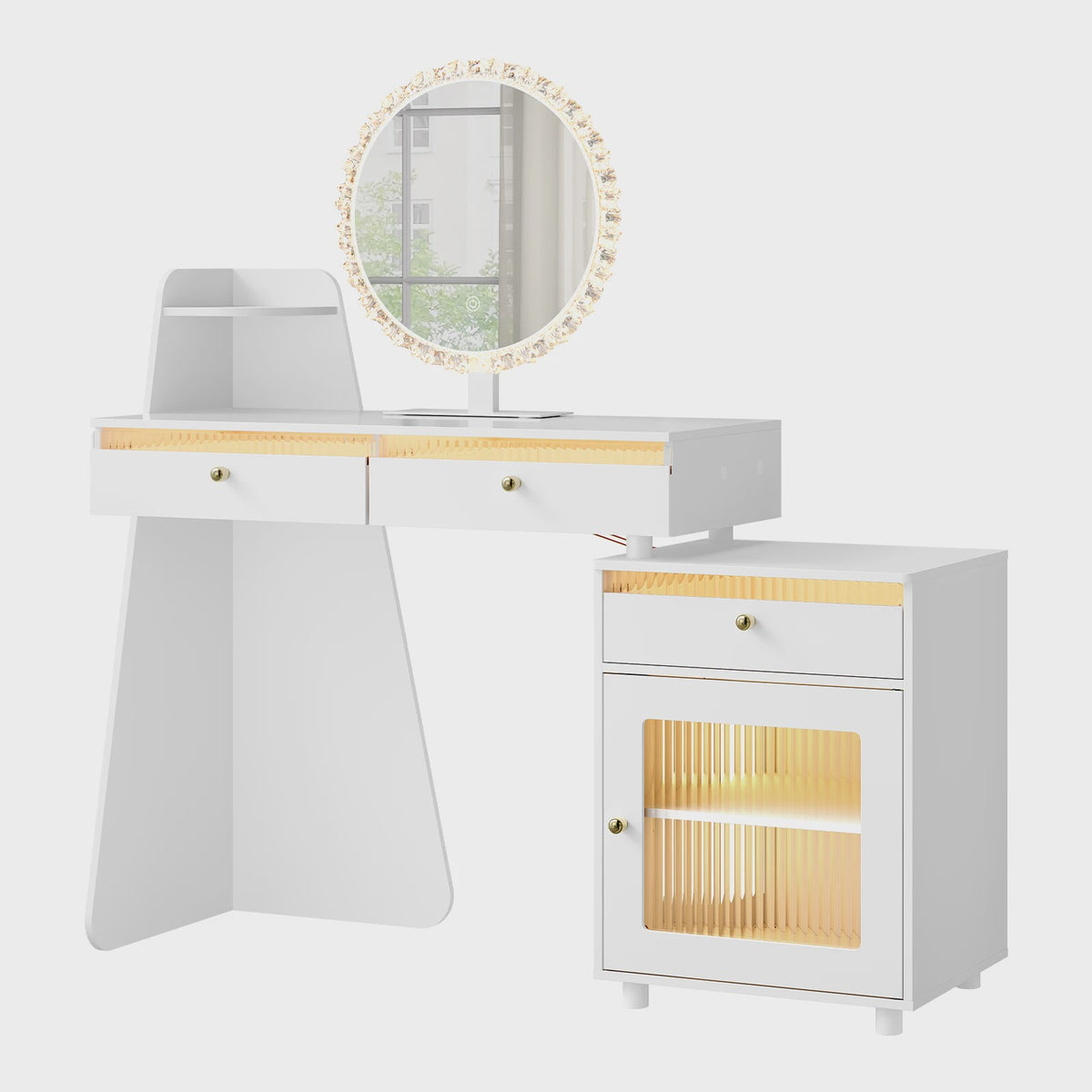 Moderne Kaptafel met LED Spiegel, 3 Lades en Verplaatsbaar Kastje - Wit