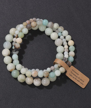 Set van 3 Natuursteen Amazoniet & Zebra Agate Armbanden - 4, 6, 8 mm Kralen