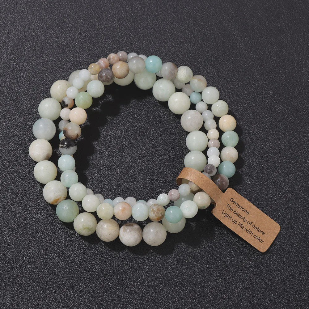 Set van 3 Natuursteen Amazoniet & Zebra Agate Armbanden - 4, 6, 8 mm Kralen