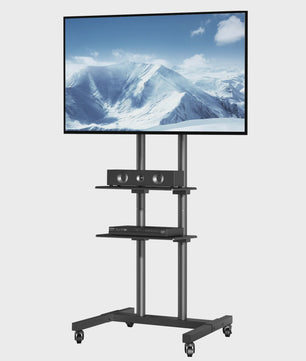 Mobiele TV Standaard met Wielen - In Hoogte Verstelbaar & Dubbele Plank