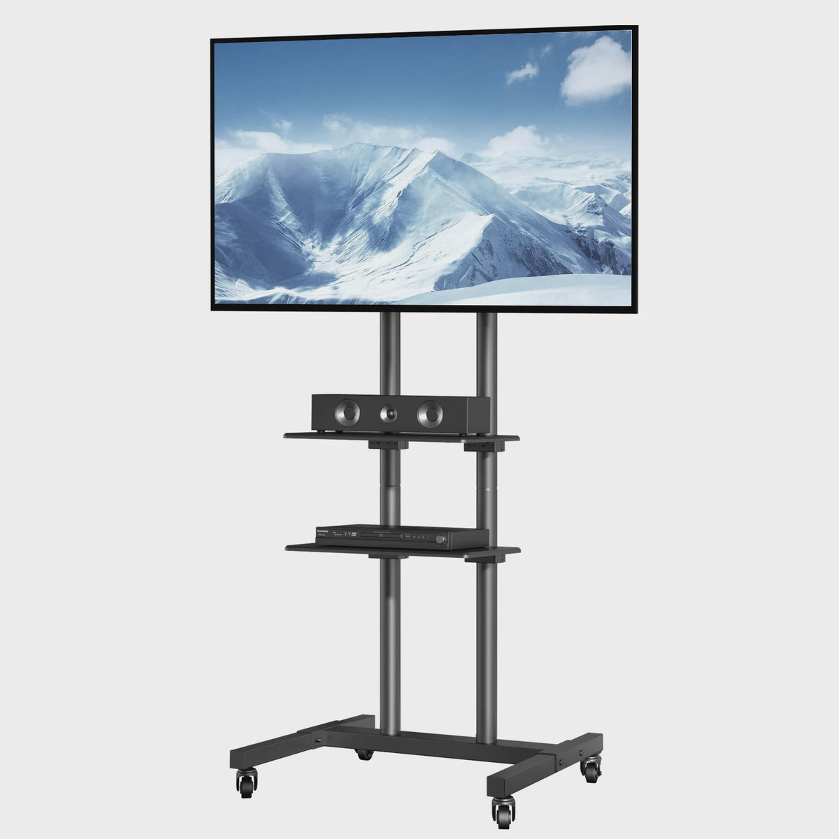 Mobiele TV Standaard met Wielen - In Hoogte Verstelbaar & Dubbele Plank
