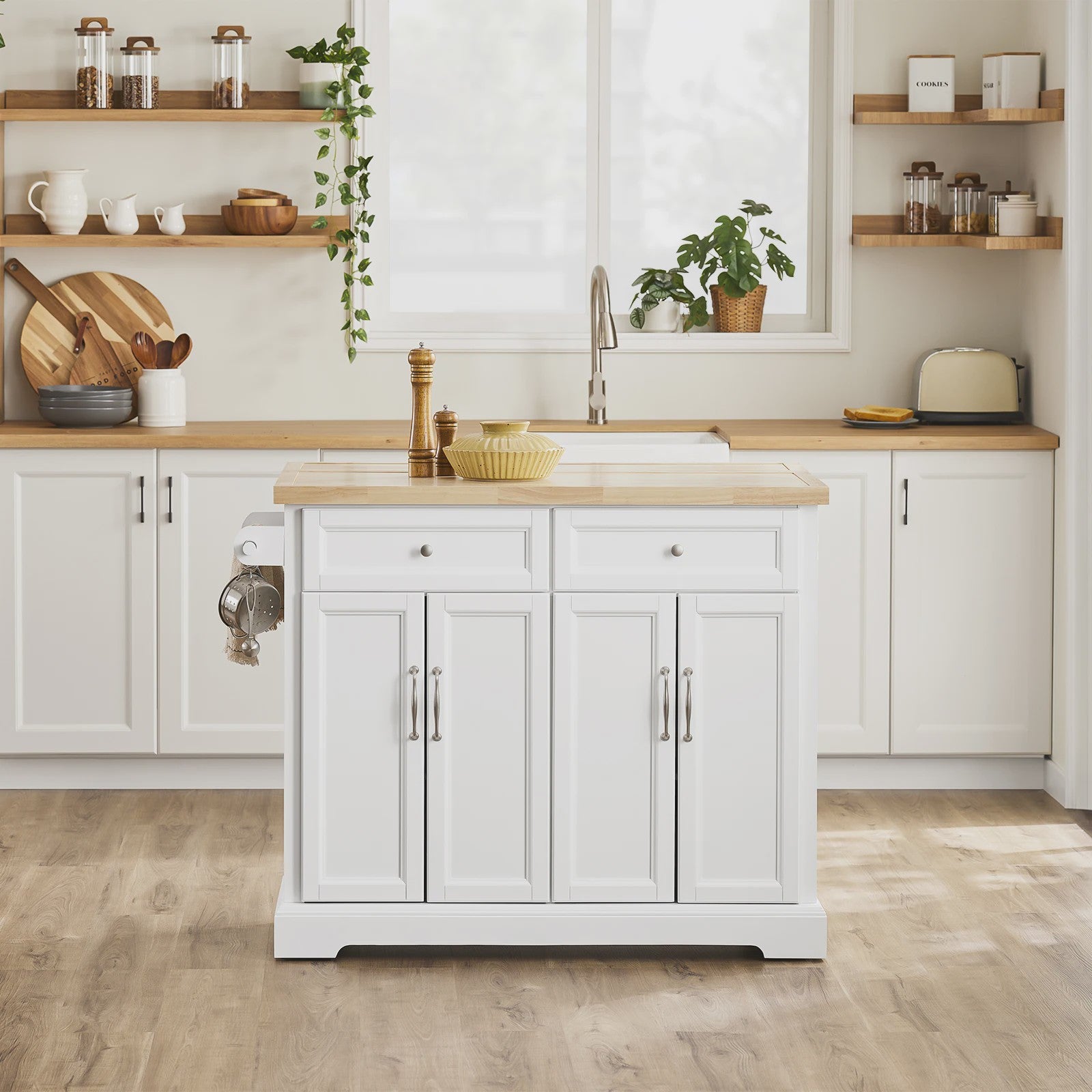 Keuken Eiland met Uittrekbaar Werkblad, Lades en Opbergruimte - Wit/Houtkleur