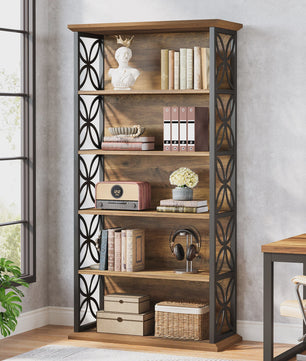 Industriële Boekenkast 6-Laags - 180 cm Hoge Open Opbergkast met Metaal Frame