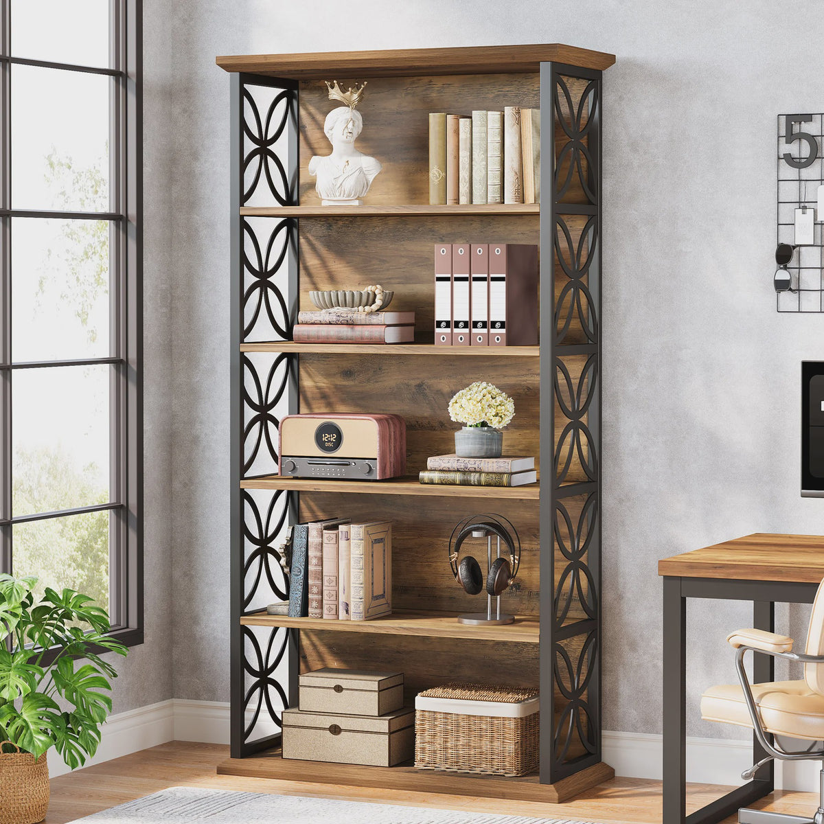 Industriële Boekenkast 6-Laags - 180 cm Hoge Open Opbergkast met Metaal Frame