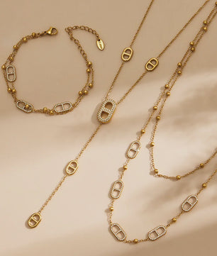 Dainty Gelaagde Sieraden Set: 18k Goudkleurig Roestvrij Staal Collier & Armband met Zirkonia