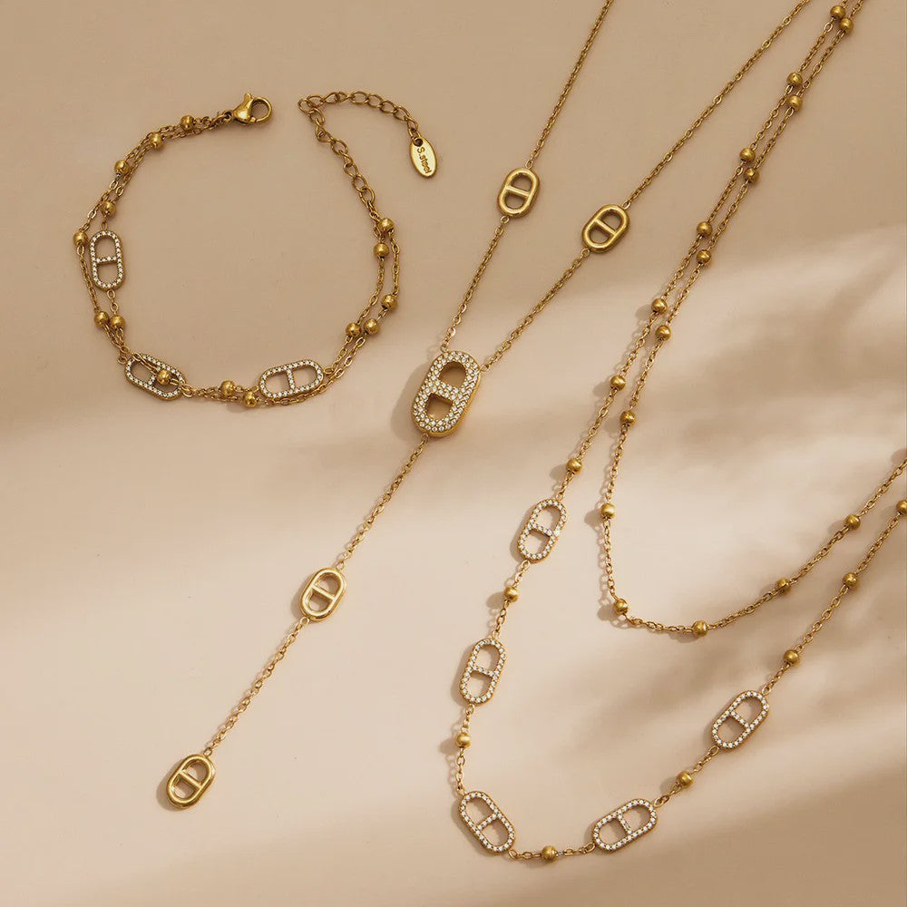 Dainty Gelaagde Sieraden Set: 18k Goudkleurig Roestvrij Staal Collier & Armband met Zirkonia
