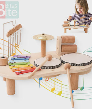 Houten Montessori Muziektafel voor Baby's & Kinderen - Xylofoon, Trommels & Windgong
