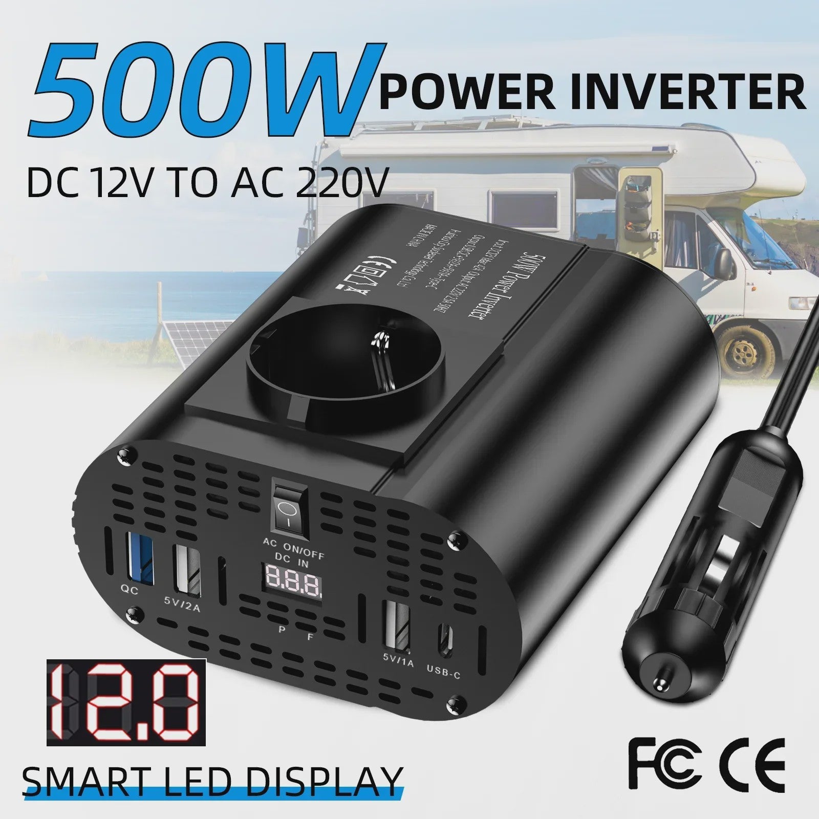 Krachtige 400W/500W/1500W Auto Omvormer: DC 12V naar AC 220V met 3x USB 2.0 en 1x USB QC3.0