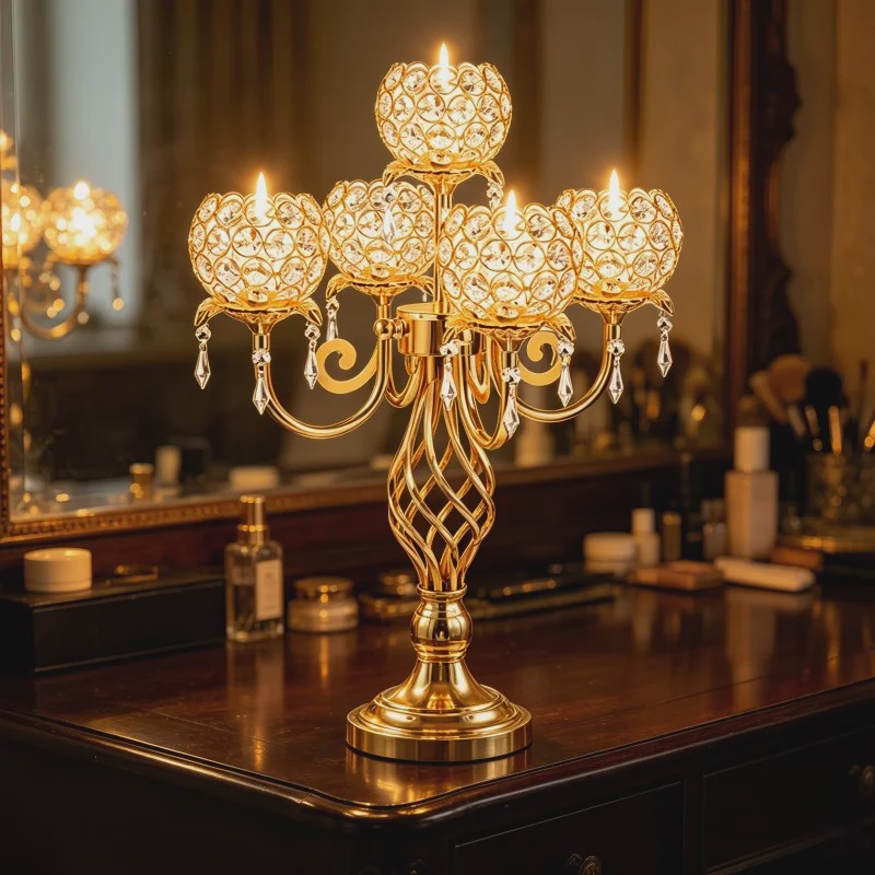 Gouden 5-armige Kristallen Kandelaar met Gedraaide Voet - Luxe Tafeldecoratie