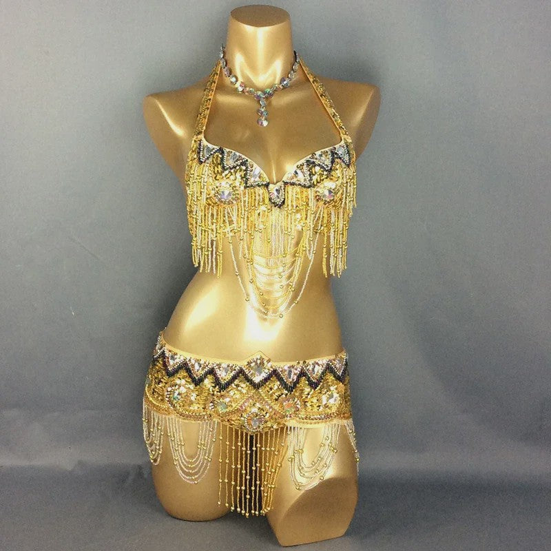 Dames Buikdans Set: Luxe Beaded Bh & Heupsjaal met Franjes