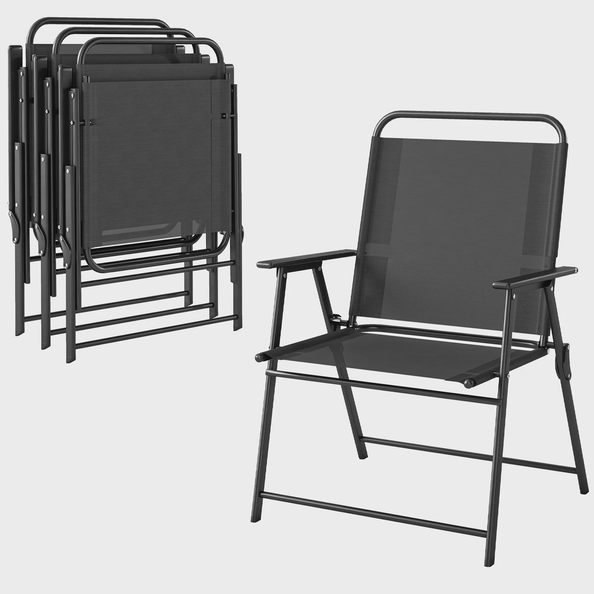 Outsunny Set van 4 Klapstoelen met Armleuningen - Zwart Textilene Zitting