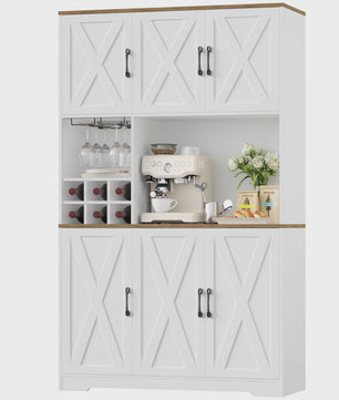 Buffetkast Keuken 106x180cm Wit met 6 Deuren, Flessenhouder & Glazenrek