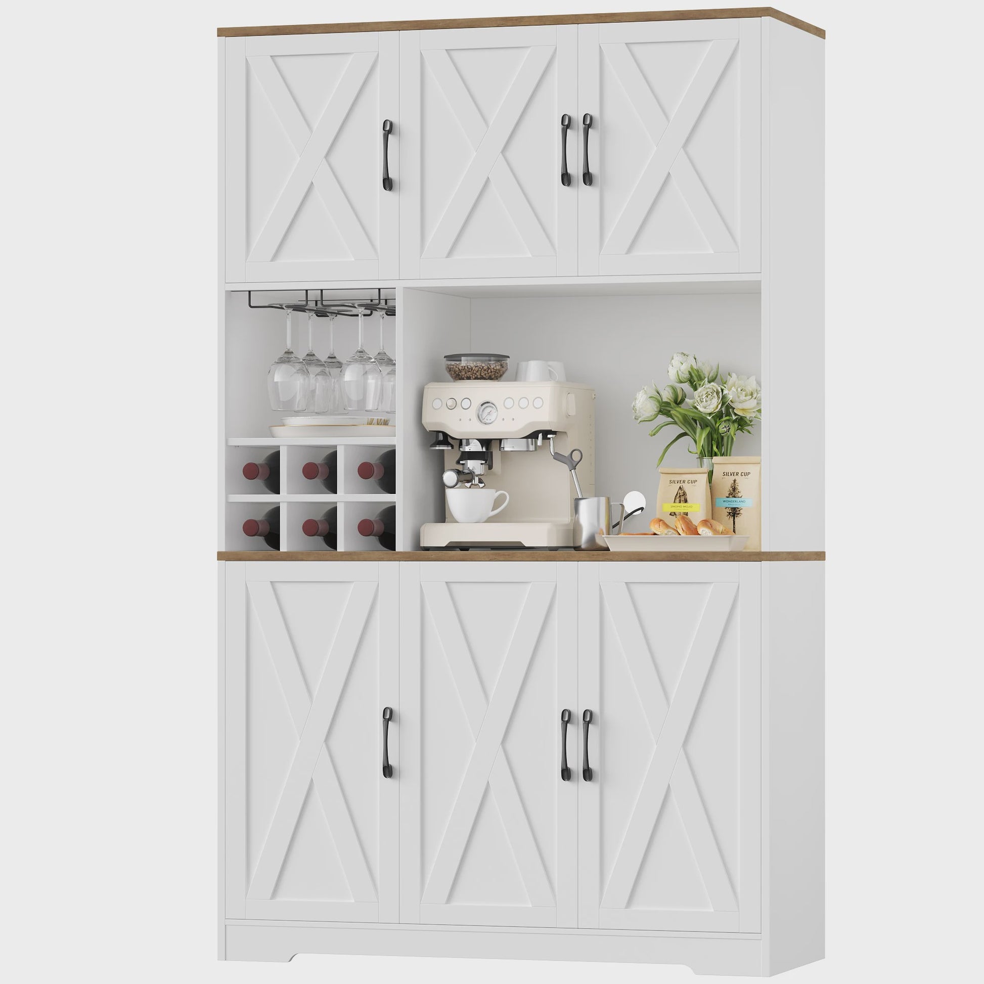 Buffetkast Keuken 106x180cm Wit met 6 Deuren, Flessenhouder & Glazenrek
