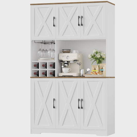 Buffetkast Keuken 106x180cm Wit met 6 Deuren, Flessenhouder & Glazenrek