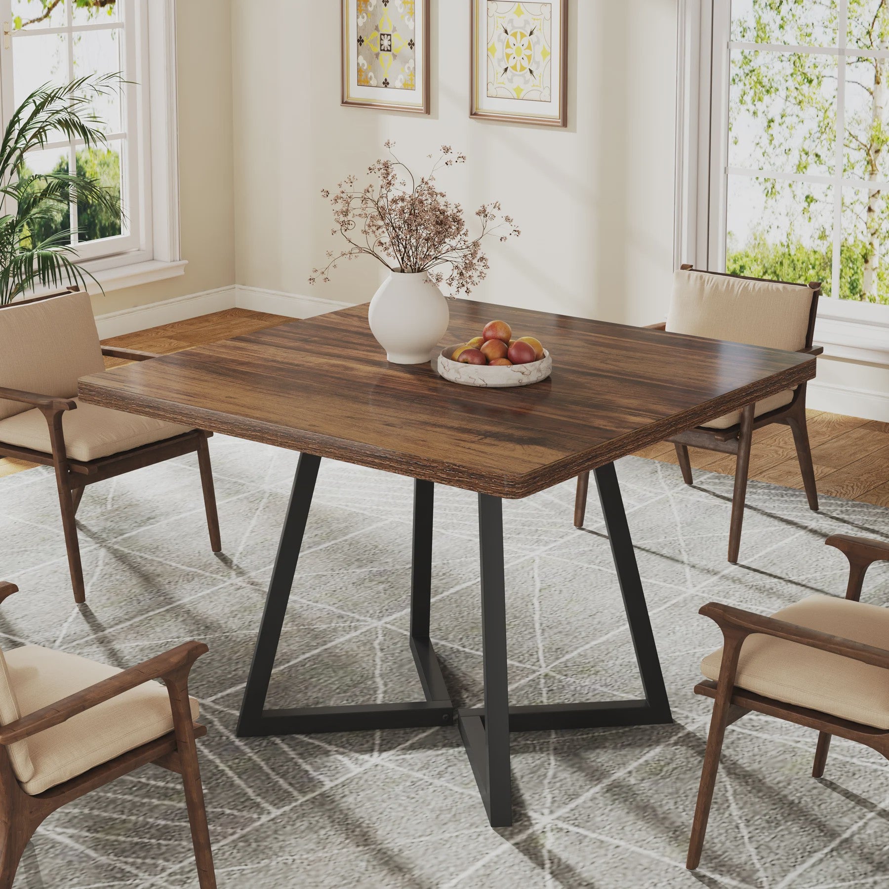 Industriële Vierkante Eettafel 80x80 cm voor 4 Personen met Houten Look en Metaal Onderstel